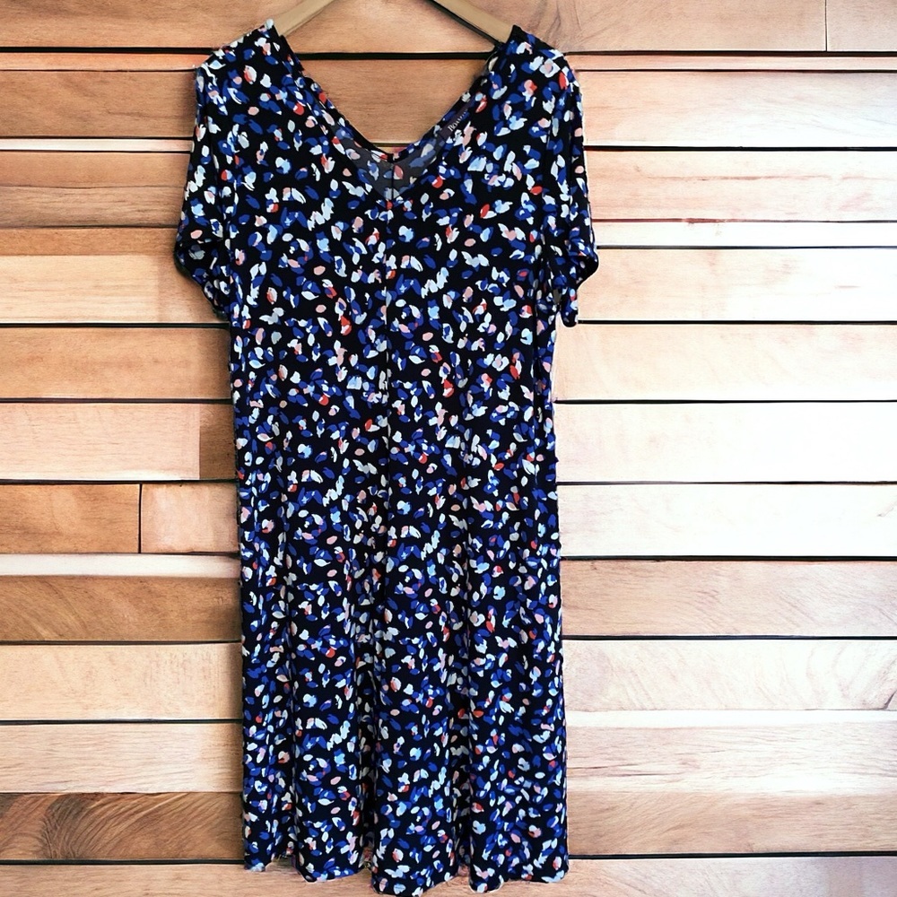 Romans knit v-neck dress black blue pink abstract 95%poly 5% spandex med…